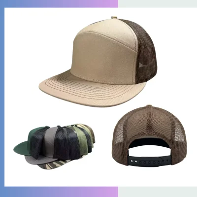 Khaki brown trucker cap structured cotton twill front breathable mesh back adjustable snap
