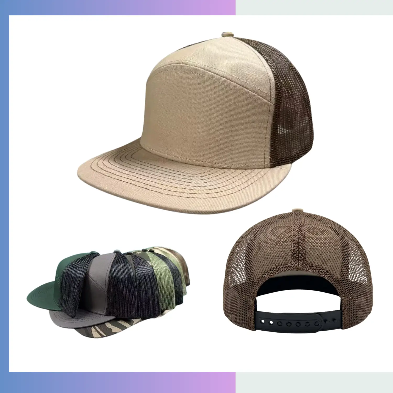 Khaki brown trucker cap structured cotton twill front breathable mesh back adjustable snap