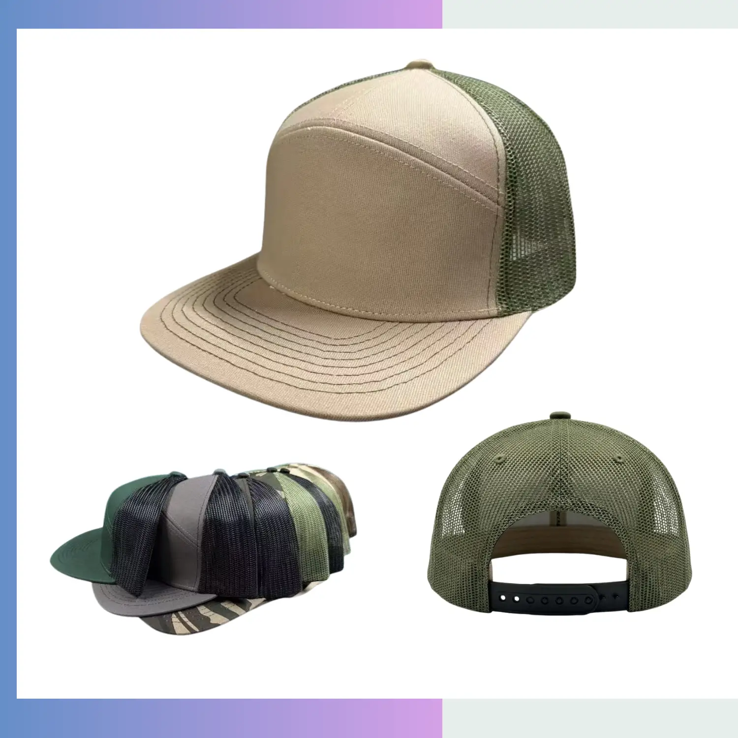 Khaki olive trucker cap structured cotton twill front breathable mesh back adjustable snap