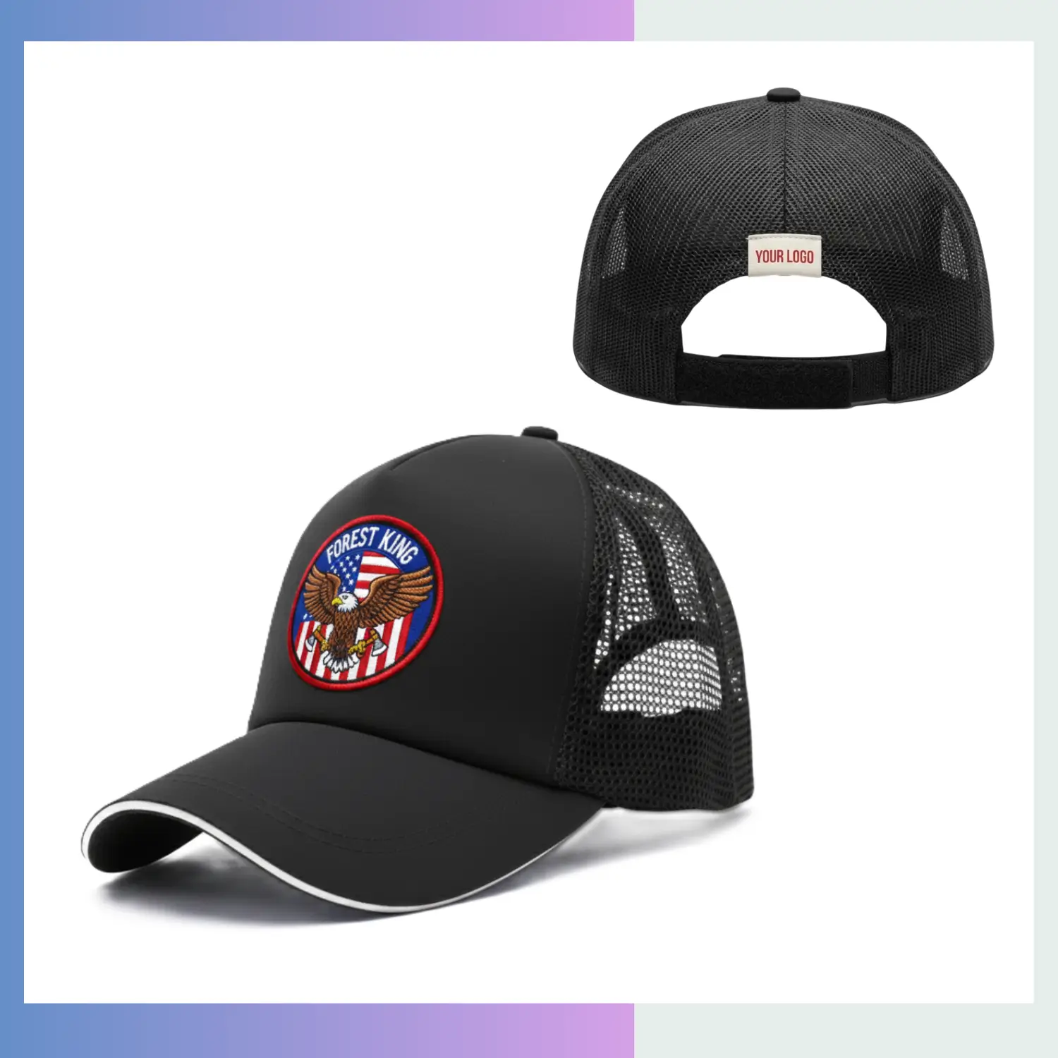 Structured 6-panel baseball cap cotton front mesh back 7.5cm pre curved visor adjustable snap closure