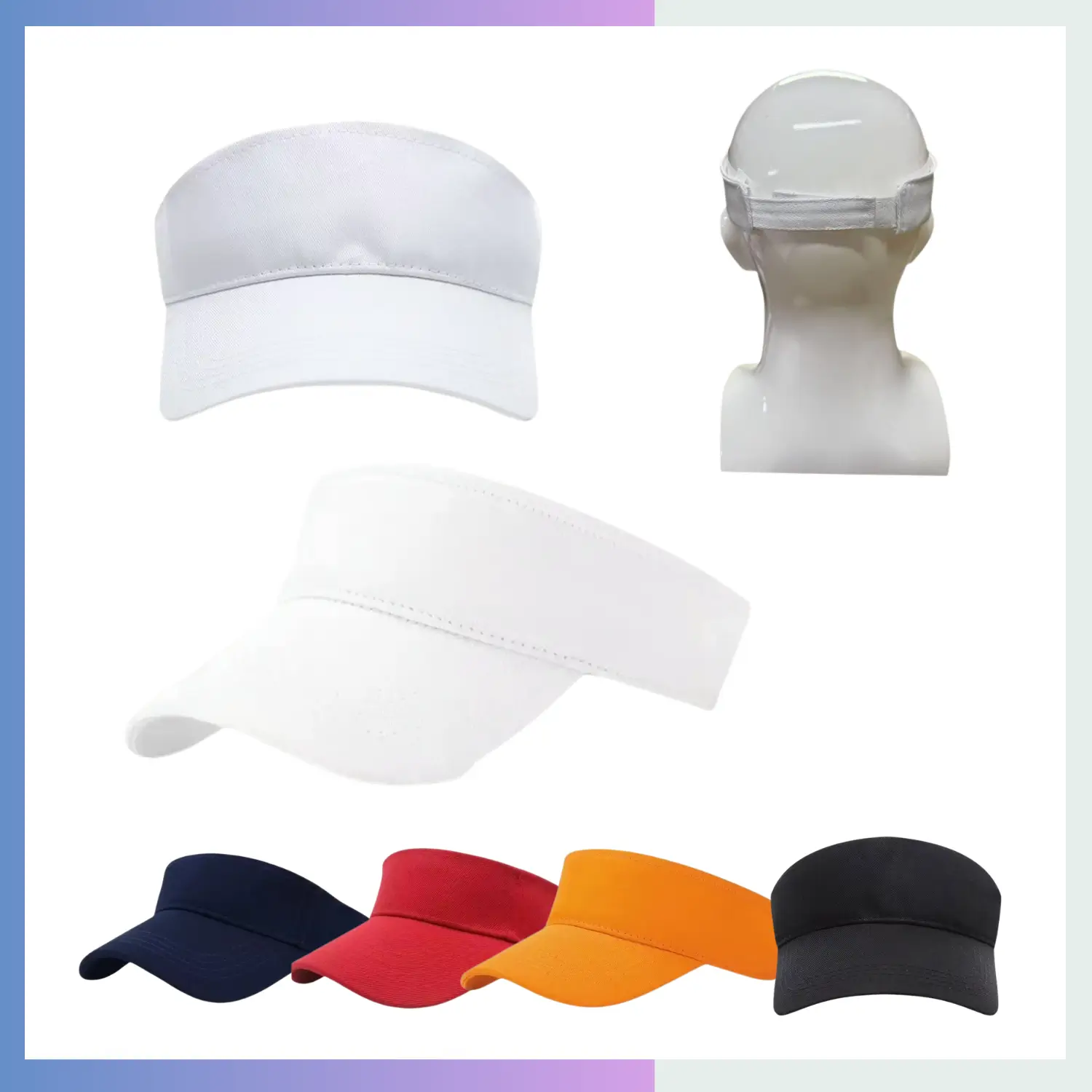 Breathable cotton open top sun visor 7.7cm pre curved brim adjustable hook and loop strap